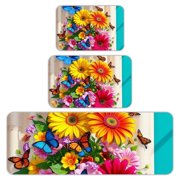 RKSupls Kitchen Rug Set 3 Piece Anti-Slip Flannel Floor Mats, Vibrant Floral Butterfly Washable Absorbent Runner Mats for Kitchen Bathroom Home Decor