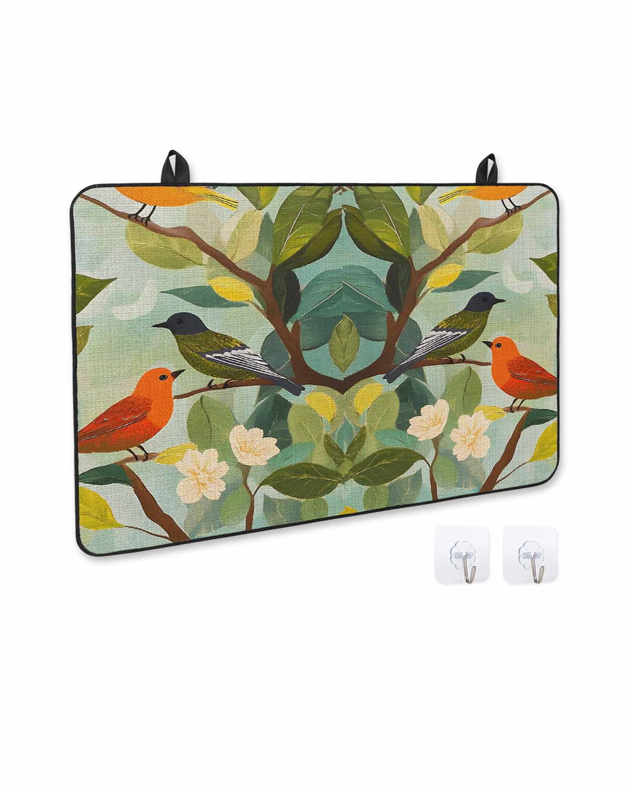 nqOlkjepod Large Induction Cooktop Protector Mat 24"x21", Spring Birds Leaves Stove Top Covers for Electric Stove, Summer Pastoral Botanical Decorative Stove Burner Cover Mats, Glass Top Stove Cover
