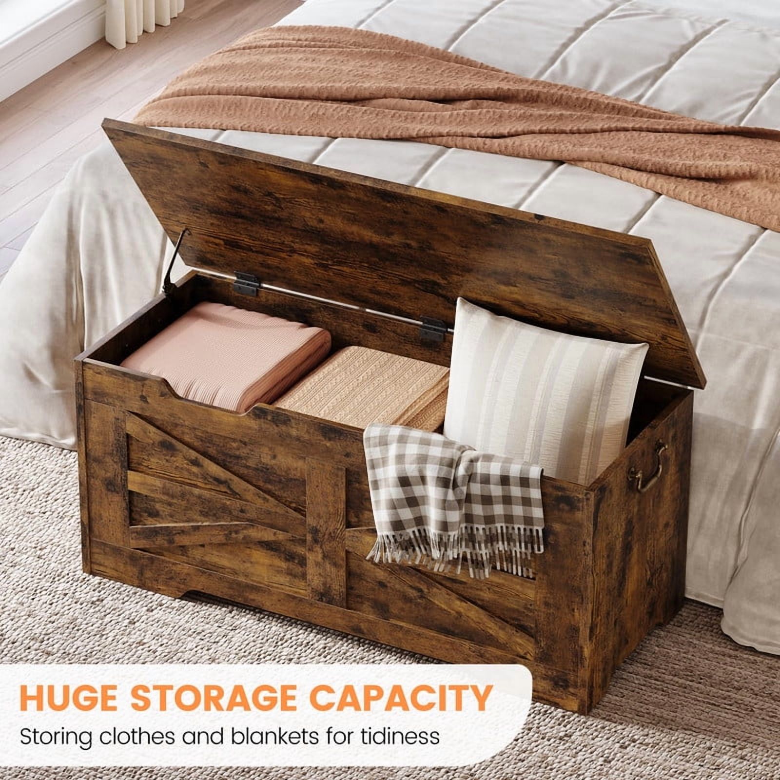 39.4" Storage Chest for Bedroom, Farmhouse Storage Trunk Toy Chest Box with Safety Hinge, Wooden Storage Bench for Living Room, Entryway, Supports 350 lbs, Rustic Brown