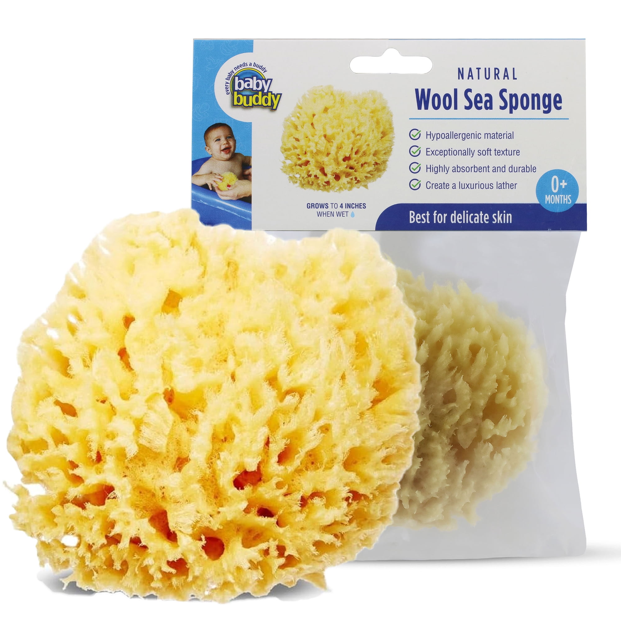 Baby Buddy Newborn Natural Bath Sponge, 4in Ultra Soft Premium Sea Wool, Biodegradable, Brown, 1pk