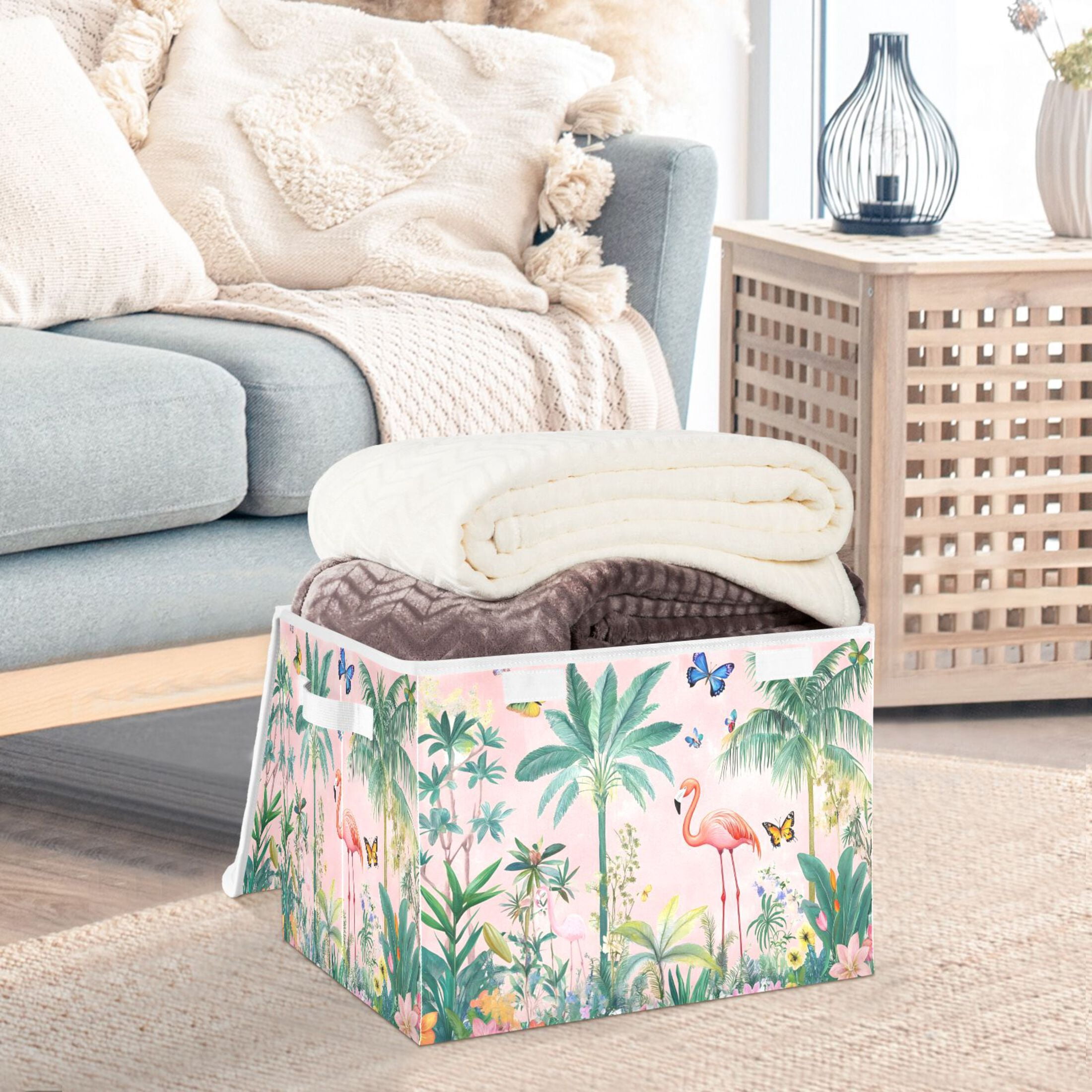 Ryvnso Tropical Flamingo Butterfly Large Lidded Foldable Storage Baskets Cubes Boxes Lids Bin for Home