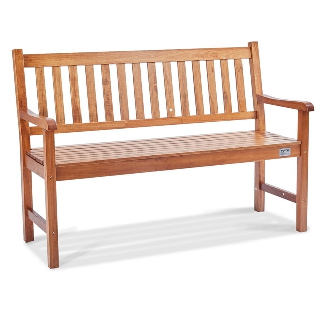 VEVOR Outdoor Bench, 50 inches wood garden bench with backrest and armrests, shown in a natural wood finish. This outdoor bench features a slatted seat and backrest, ergonomic armrests, and a sturdy design supporting up to 800 lbs. Ideal for gardens, parks, patios, or porches, it comfortably seats 1-3 people. Dimensions are 22 x 50 x 34.4 inches.