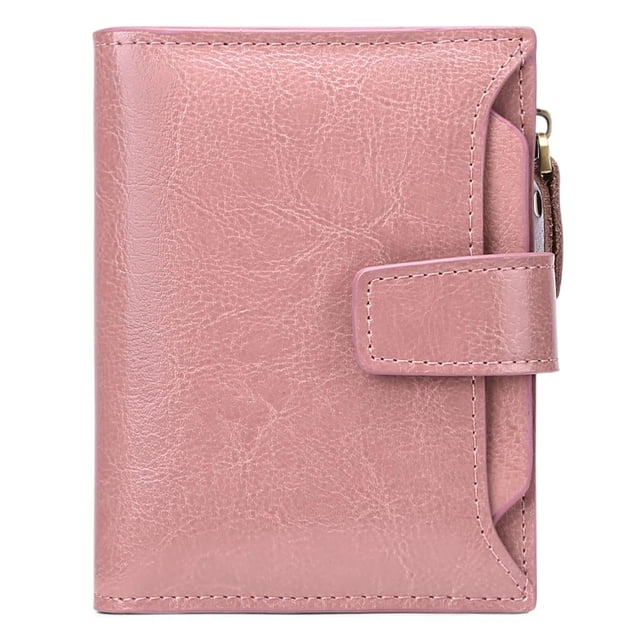 Small Women Wallet Genuine Leather Rfid Blocking Bifold Zipper Pocket Card Holder with Id Window Wax Pink