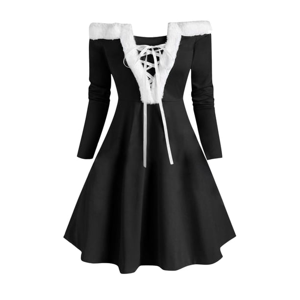 Vestido de mujer informal de Navidad de color sólido de manga larga con hombros descubiertos a la rodilla para minivestido de fiesta Pompotops hdfakjf8948