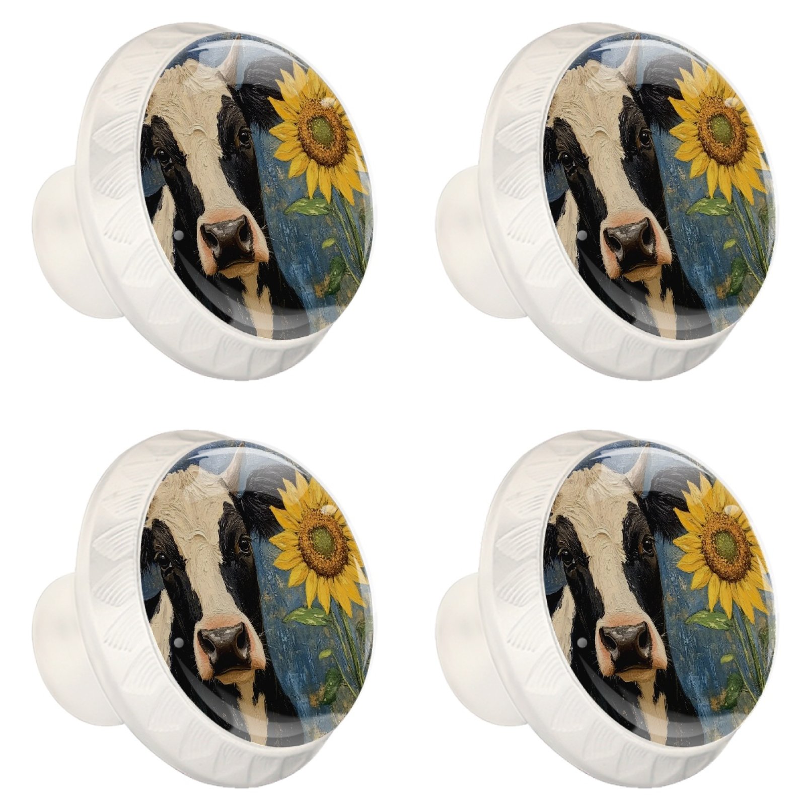4 Pcs Cow and Sunflower Knobs for Kitchen Cabinet Cupboard Dresser Bookcase Drawer Pulls Handles Round Home Decor