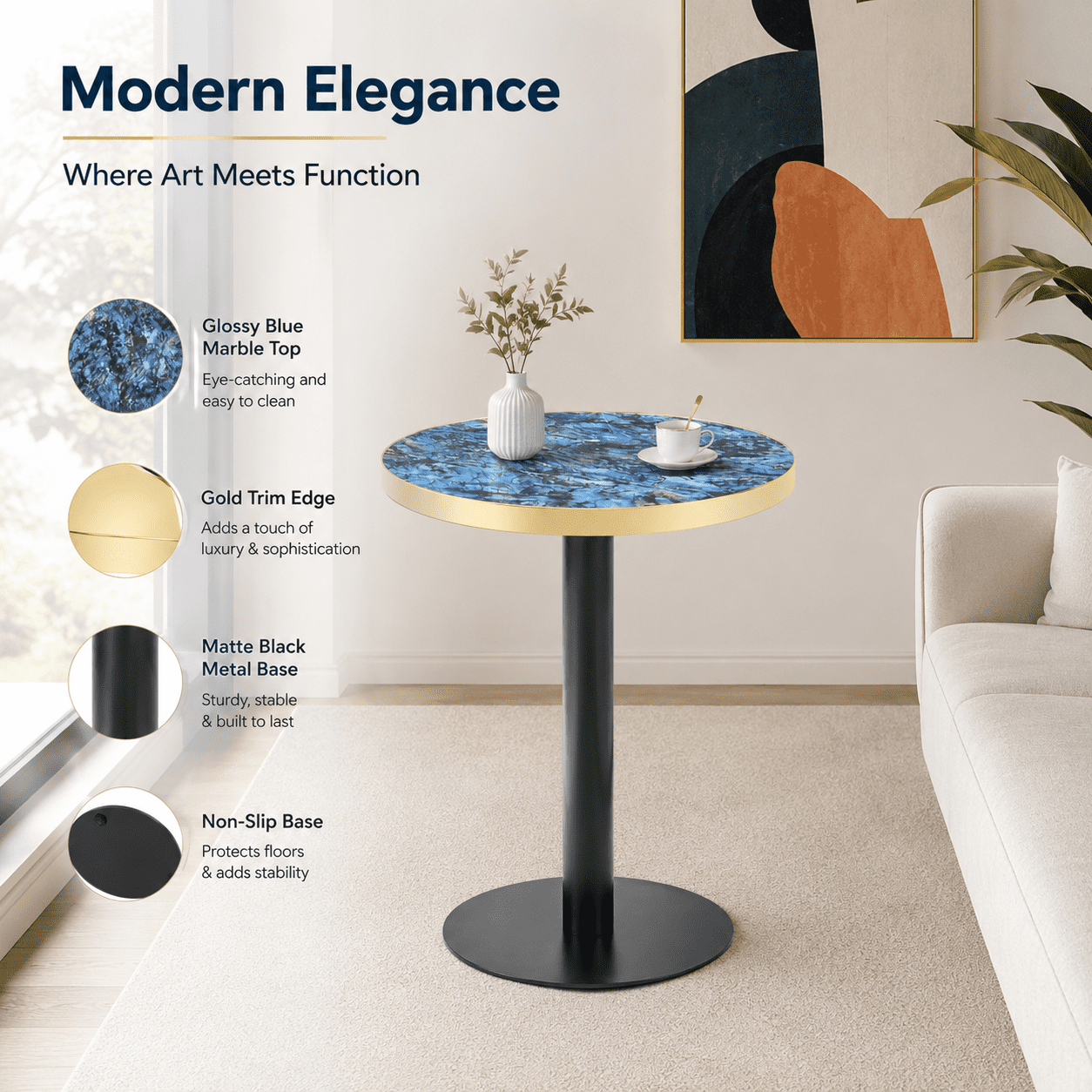23.6" Round Light Luxury Coffee Table, UV Paint MDF Marble Texture Countertop with Stainless Steel Edging, Sturdy Metal Leg Side Table for Living Room Bedroom Entryway Office