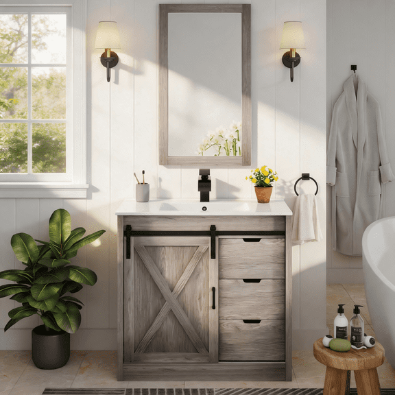 ChVans Farmhouse Bathroom Vanity with Sink & Faucet & Mirror, 36" Large Bathroom Vanity Cabinet Set with 3 Drawers and Sliding Barn Door, Freestanding Single Bath Storage Vanity Ceramic Sink,Grey