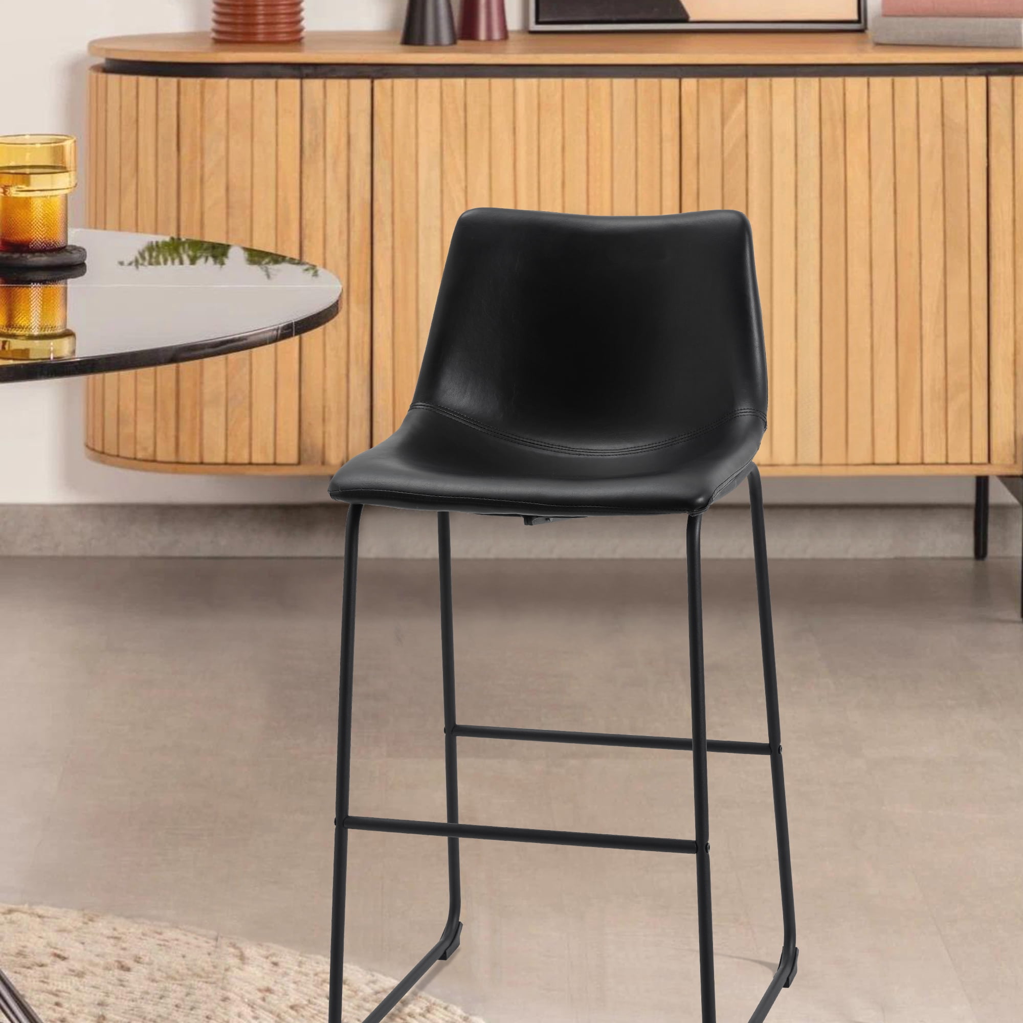 Set of 2 Fabric Bar Stools Low Back Counter Height Bar Stool with Leather Pub Chairs Height 39" Black