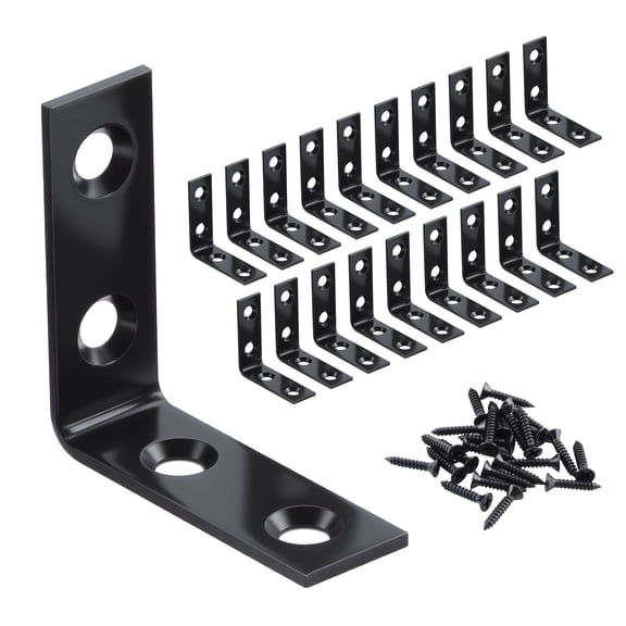 WellMade 1-1/2 in. Corner Brace, Black Zinc Plated Steel L-Bracket with Screws for Furniture and Wood Projects, 20 pack