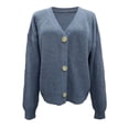 thumbnail image 4 of VISALY Cropped Cardigan Chunky Cardigan Sweaters Women's Chunky Cardigans Sweaters Open Front Long Sleeve Cute Knit Button Loose Short Cozy Outerwear Fall Coat Trendy Sweaters Spring Sweater Blue L, 4 of 4