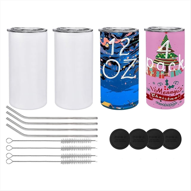 Paquete de 4 Vasos Sublimados de 12 Onzas, de Agua de Acero Inoxidable Aisladas en con Tapas y Pajitas para Bricolaje