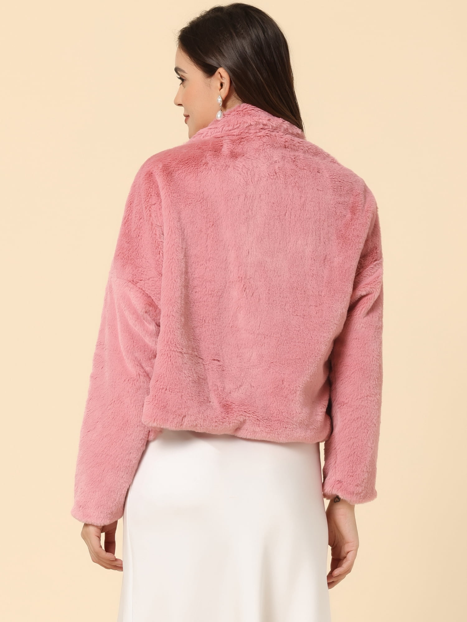 DARING DIVA Women's Cropped Jacket Notch Lapel Faux Fur Fluffy Coat L Pink