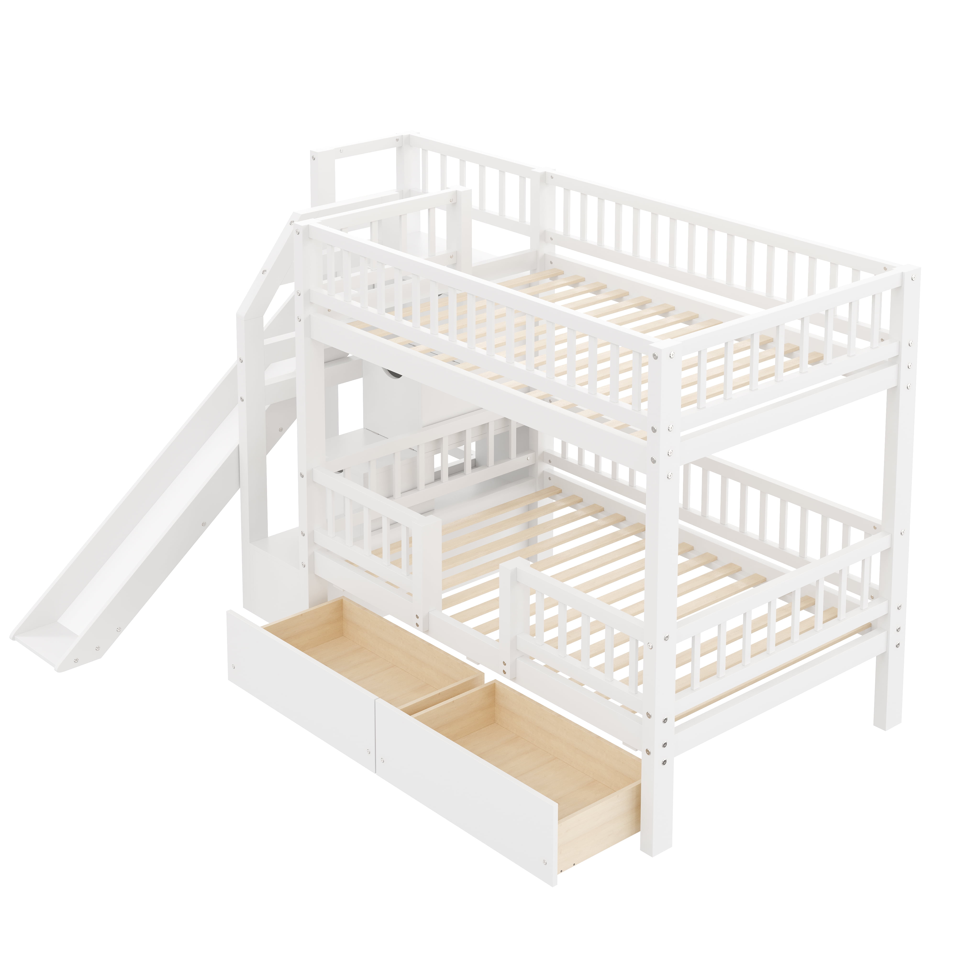 Euroco Twin over Twin Bunk Bed with Storage Staircase and Slide, White