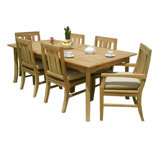 7 PC A Grade Outdoor Patio Teak Dining Set - 117" Double Extension Rectangle Table & 6 Osawa Chairs (4 Armless, 2 Arm)