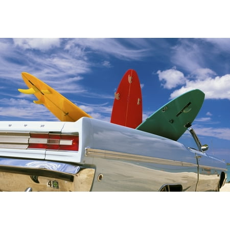 Colorful Surfboards In Vintage Plymouth Fury Puffy Clouds In Background Stretched Canvas - Dana Edmunds  Design Pics (17 x