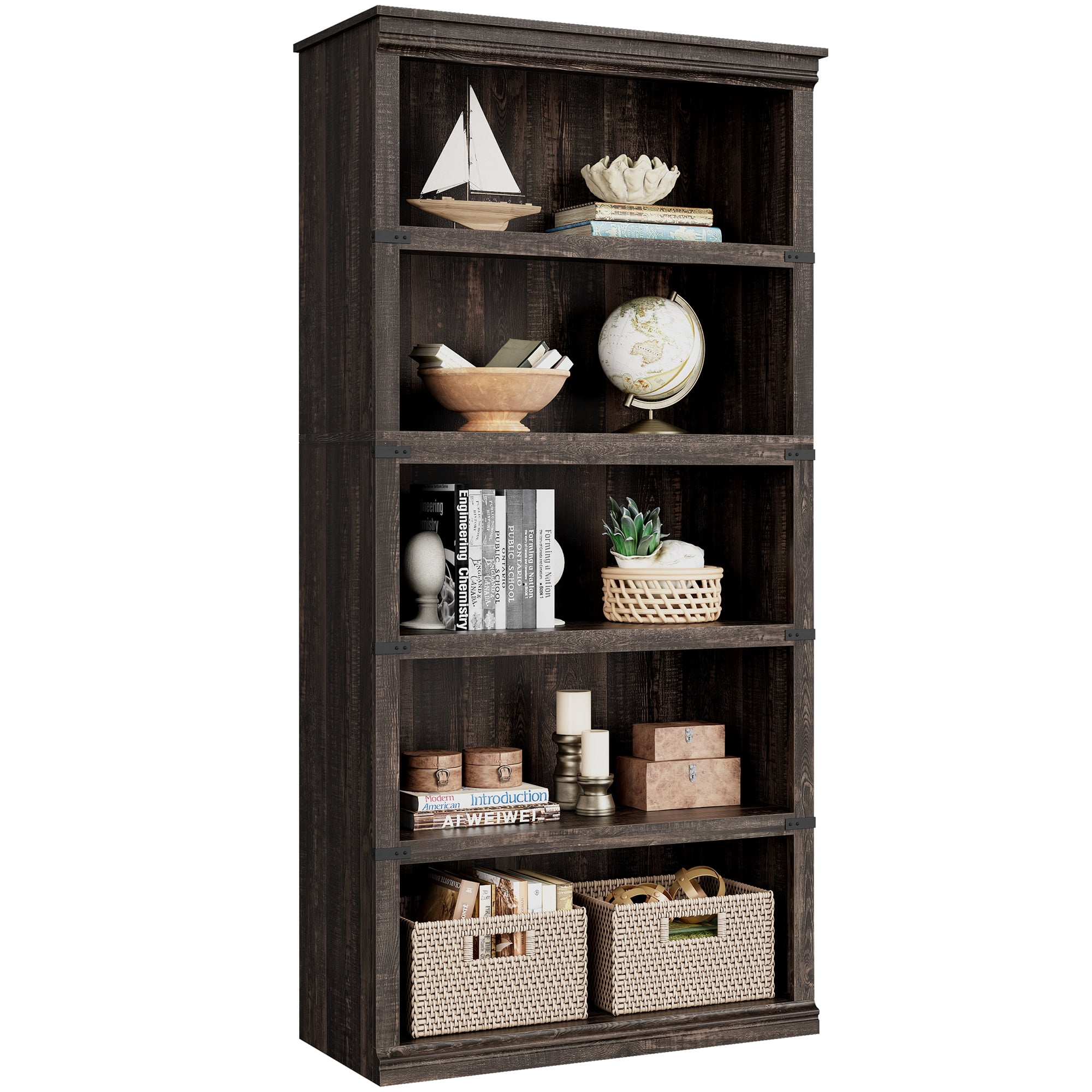 Aoile 5 Tier Farmhouse Bookshelf, 12.7" x 31.4" x 67.4" Heavy Duty Freestanding Bookcase, Bookshelves with Storage Open Display for Home Office, Living Room, Bed Room, Bathroom, Oak