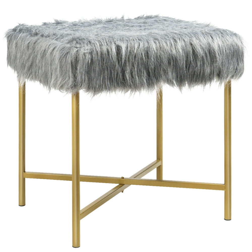 Finihen Faux Fur Vanity Stool Chair, Footstool Ottoman with Metal Legs, Fluffy Chair with Furry Padded Seat, Makeup Stool, Decorative Furniture Footrest, for Living Room, Bedroom, Gray