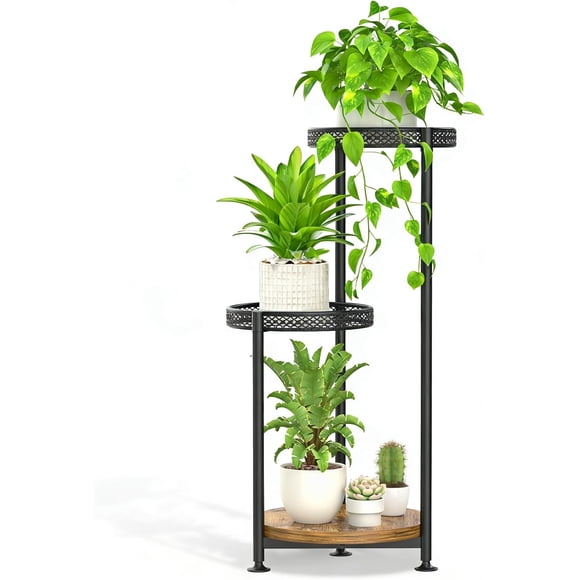 3 Tier Plant Stands Indoor, Corner Tall Flower Shelf Holder for Multiple Plants, 25cm Wide Metal Wood Planter Display Rack Modern Organizer for Patio Balcony Outdoor Garden Living Room, Black