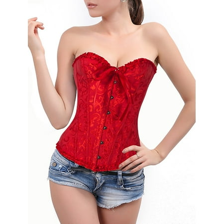

DODOING Women s Satin Lace up Overbust Corset Tummy Control Slimmer Body Shaper for Women Hooks Steel Boned Top + G-string S-6XL