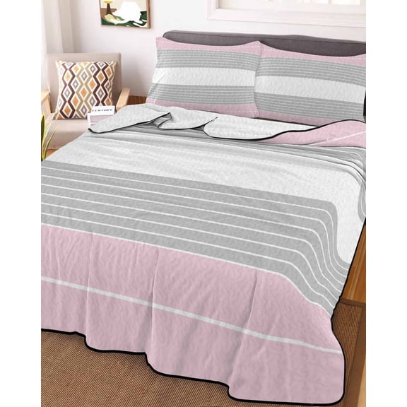 Pink Striped King Size Down Alternative Comforter, Lightweight Comforter Quilt Bedding Set with Pillow Shams Multicolor Grey White Horizontal Stripes All Seasons Bed Comforter Duvet Insert 96"x106"