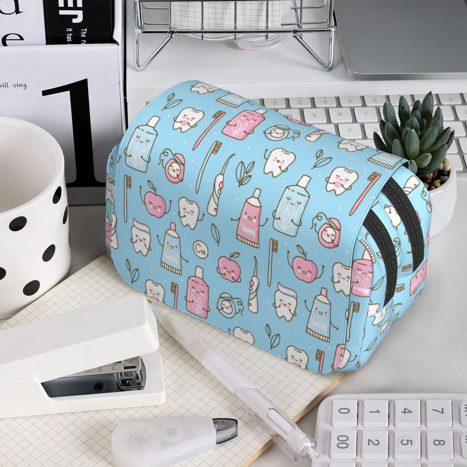Rateoe Funny Cute Teeth Pattern Double Clamshell Pen Case, Storage Organizer with Two Zipper Compartments– Holds Up to 50 Pencils & Pens