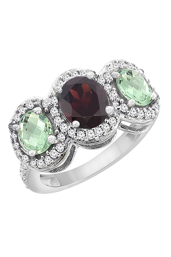 10K White Gold Natural Garnet & Green Amethyst 3-Stone Ring Oval Diamond Accent, size 9