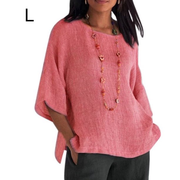 Ropa De Mujer Camisa De Manga 3/4 Con Cuello Redondo Top Casual De Lino De Algodón, Rosa, L Inevent AP002239-11