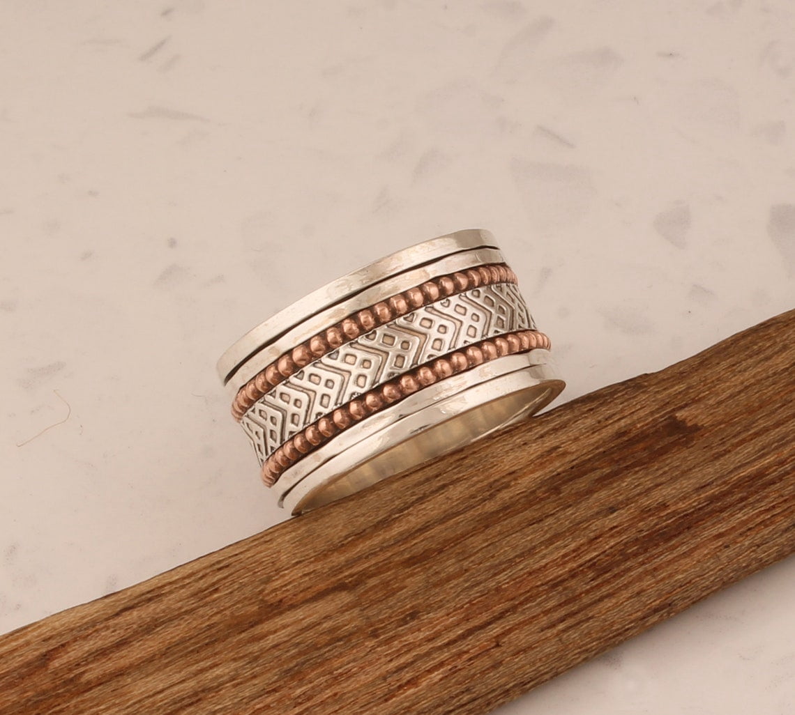 SS DESIGNS Fidget Spinner Ring Handmade 925 Sterling Silver Band | Anxiety Relief Ring, Stress Reducing Jewelry, Meditation Spinner for Men & Women