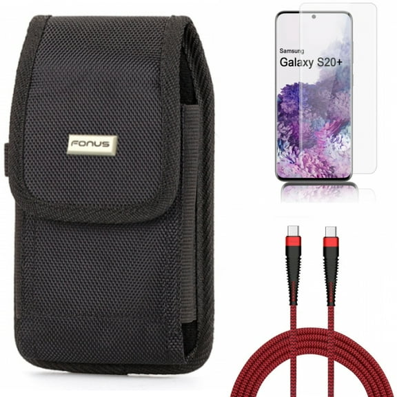10ft PD Cable w Case Belt Clip w Screen Protector for Samsung Galaxy S20 Plus - Type-C to USB-C Charger Cord Power, Swivel Holster Rugged, Tempered Glass [Fingerprint Unlock] 3D fits Galaxy S20 Plus