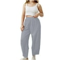 thumbnail image 6 of MKOSPLRT Linen Wide Leg Pants for Girl Elastic Waist Baggy Harem Pants Solid Color Lounge Copped Pants Lightweight Vacation Pants with Pocket, 6 of 9