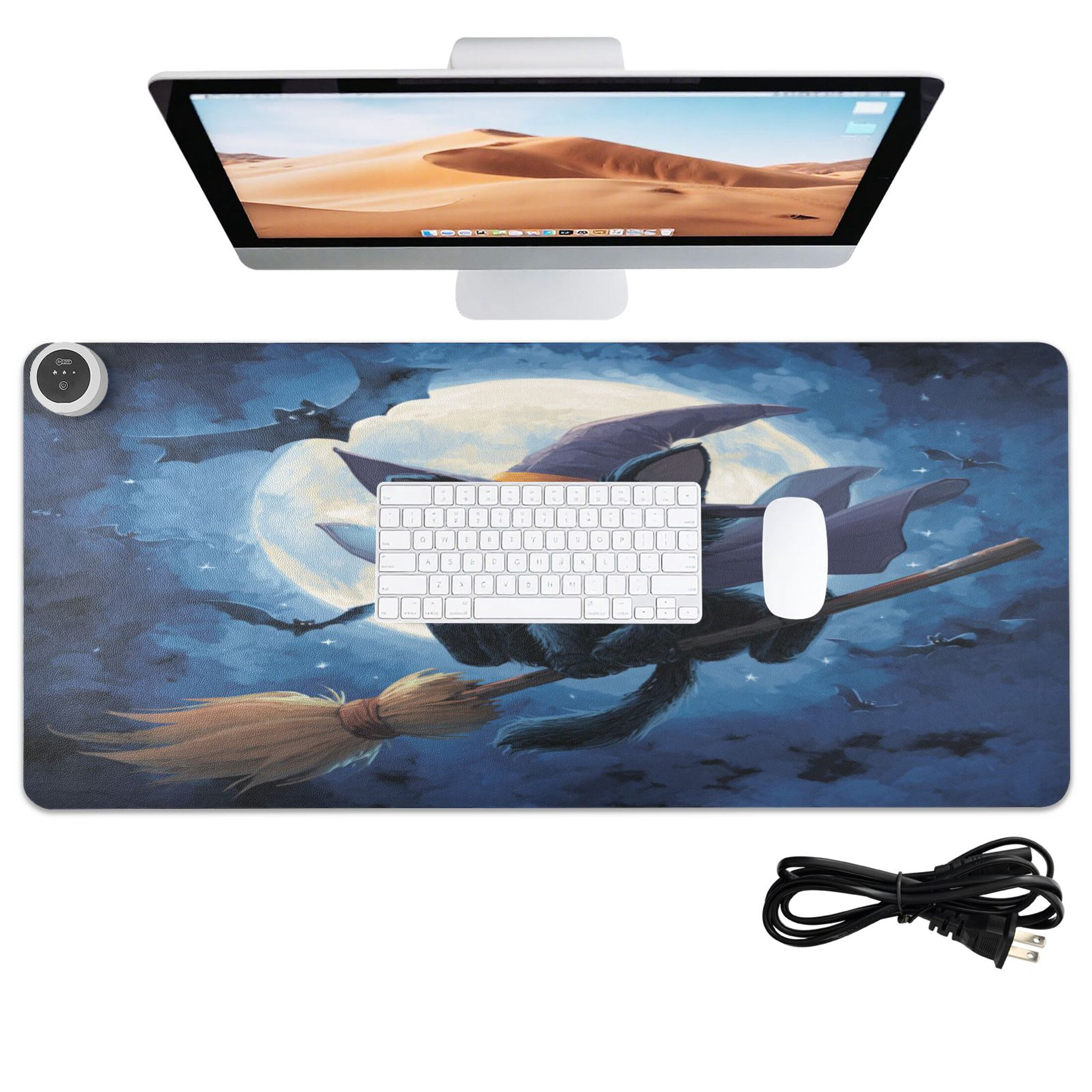 Large Heated Desk Mat Mouse Pad 31.5"x13"PU Leather Graphene Heating Desk Warmer with 3 Temperature Settings 110V US Plug Non-Slip Warm Pad for Home, Office, and Gaming Halloween Cape Black Cat