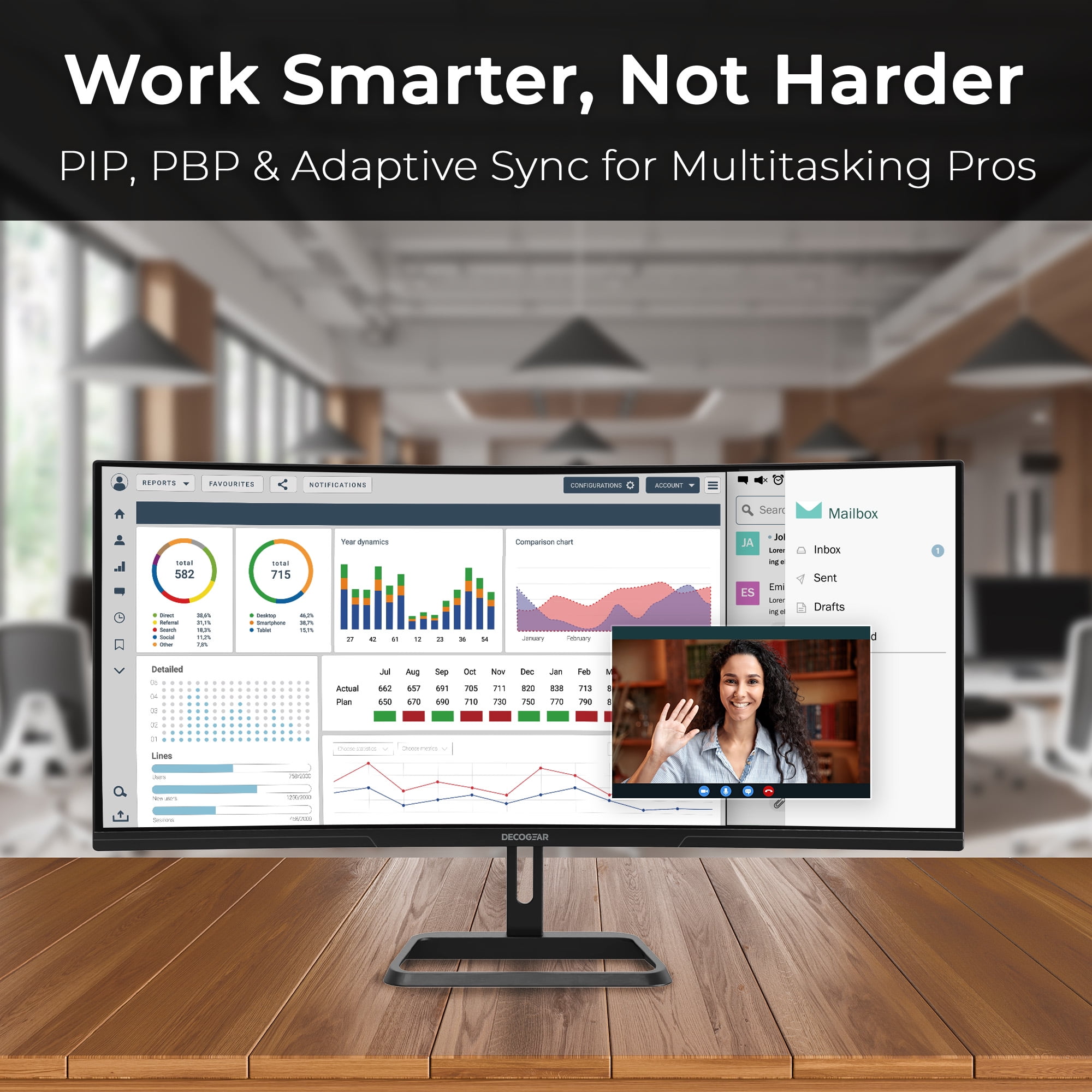 Deco Gear 34" Curved UltraWide WQHD Monitor 3440×1440, 100Hz, 1ms, 99% sRGB, HDR, Low Blue Light, PIP/PBP, 2× HDMI, 2× DisplayPort, Tilt-Adjustable Stand - Business Productivity Display