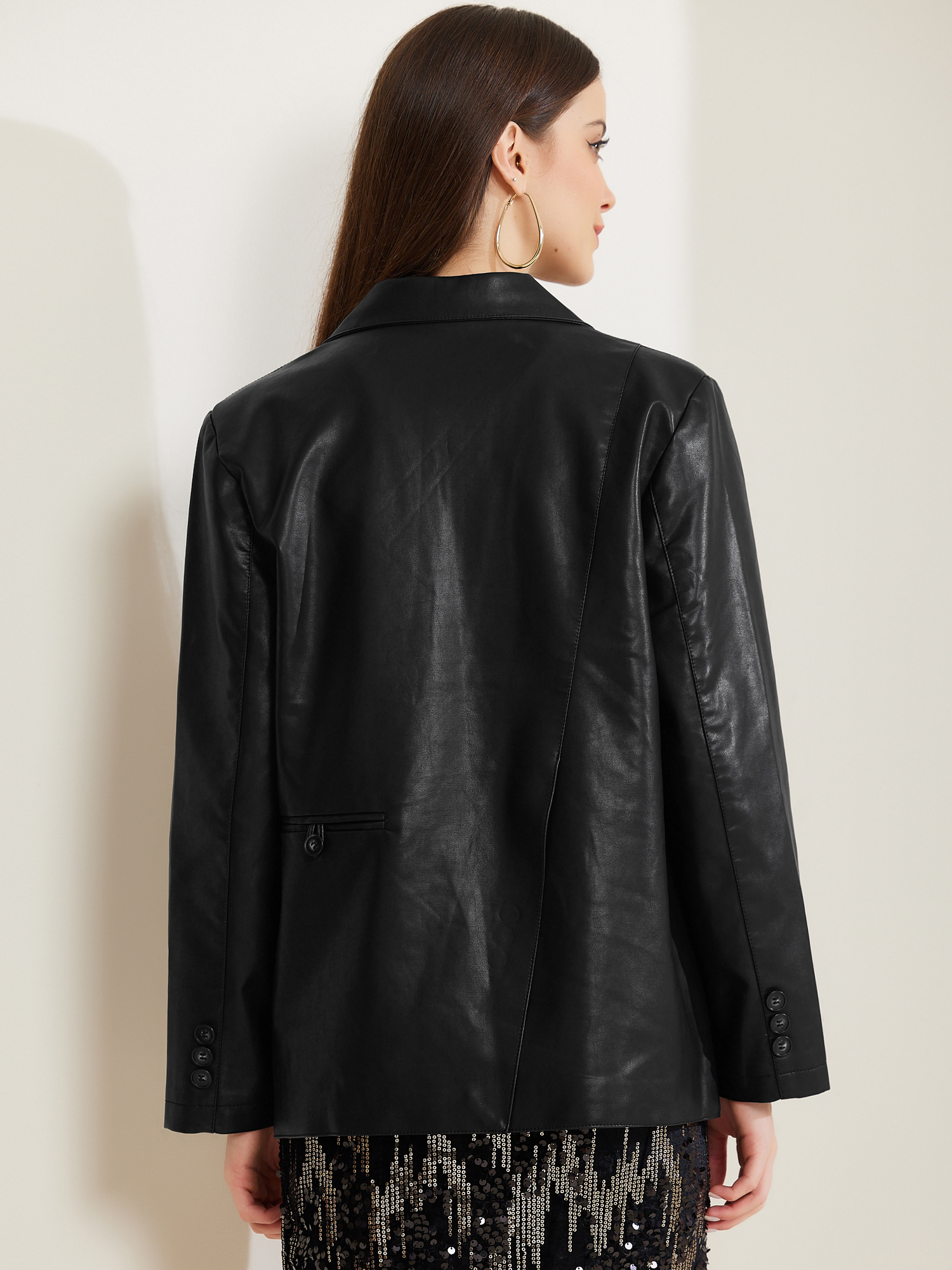 DARING DIVA Women's Faux Leather Blazer Notch Lapel Business Jackets S Black