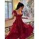 thumbnail image 3 of Vestido largo elegante con escote cuadrado, sin mangas, con volantes y capas rojas para mujer, vestidos de fiesta de noche para mujer 2024, 3 of 5
