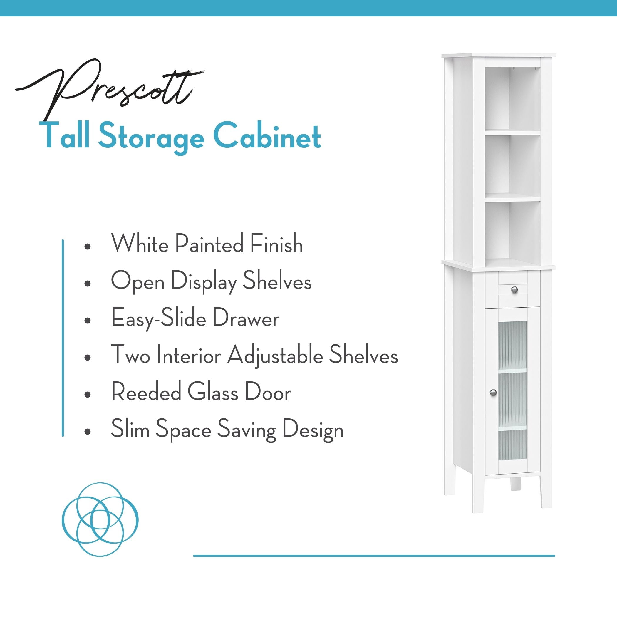 RiverRidge Prescott Tall Slim Bathroom Linen Storage Cabinet Organizer Shelf - White