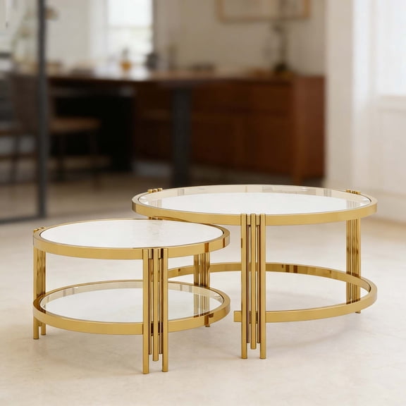 Gold Tempered Textured Glass Round Coffee Table Set, 2-Piece Modern Tables for Living Room, 32.75" Stylish & Durable