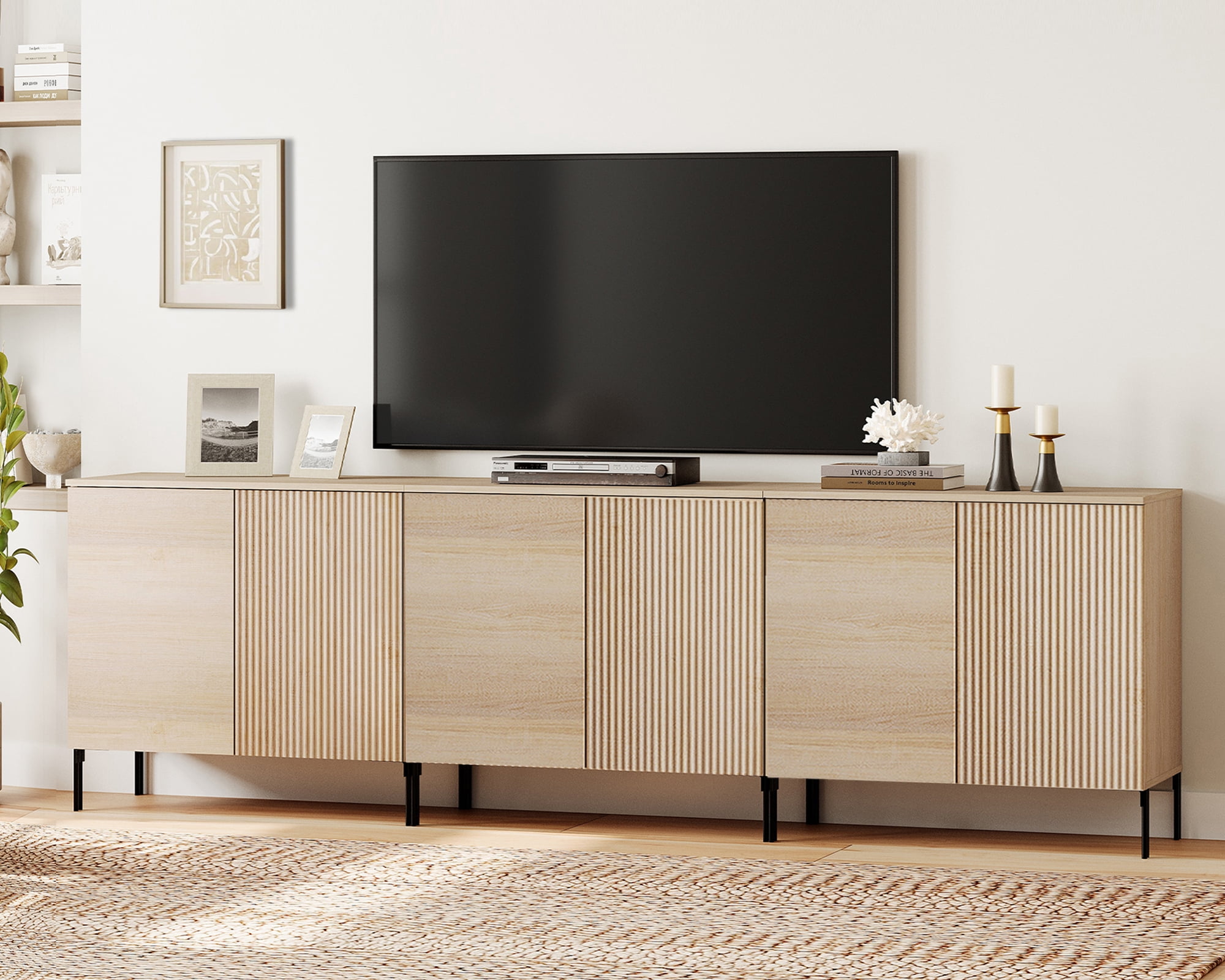 94.5" Modern Fluted TV Stand with 6 Doors, Entertainment Center with Adjustable Shelf, Wooden TV Console with Storage for Living Room