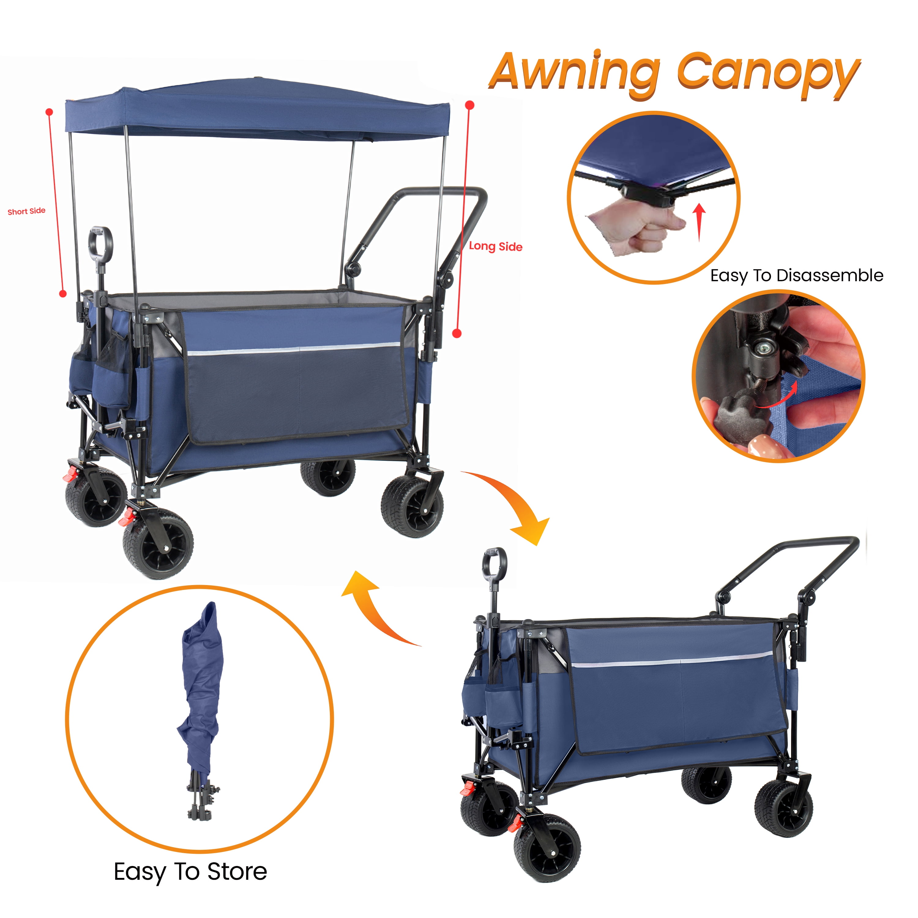 Multi-Functional Push-Pull Folding Wagon Cart Blue, Rotating Handle & Canopy, 7''x4'' Wheels with Brakes, 480lbs 300L for Outdoor, Groceries, Transport