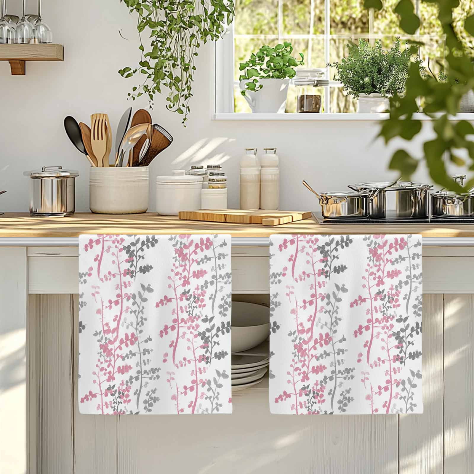 Dish Towels, Pink Leaf Absorbent Kitchen Towels 2 PCS, Grey Leaves Branches Microfiber Hand Towels Dish Cloths Tea Towels for Home&nbsp;Bathroom Cleaning Drying,18X28-Inch,