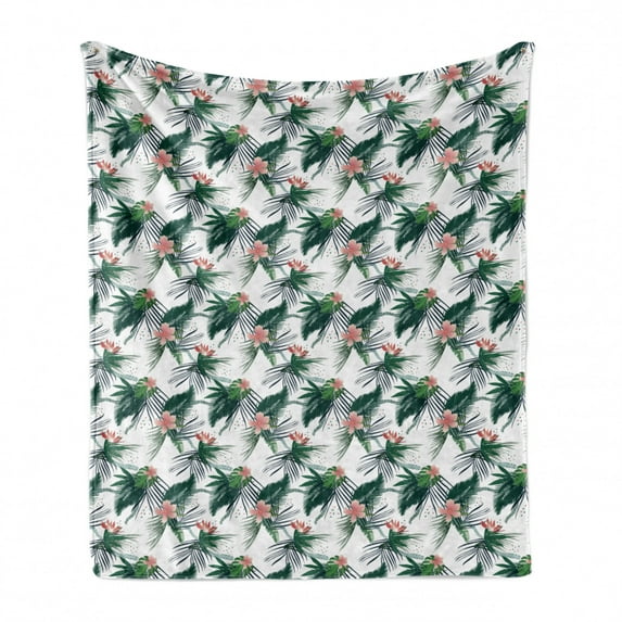 Jungle Soft Flannel Fleece Throw Blanket, Subtropical California Brazil Botanical Nature Green Leaves Flowers, Cozy Plush for Indoor and Outdoor Use, 60" x 80", Hunter Green Coral White, by Ambesonne
