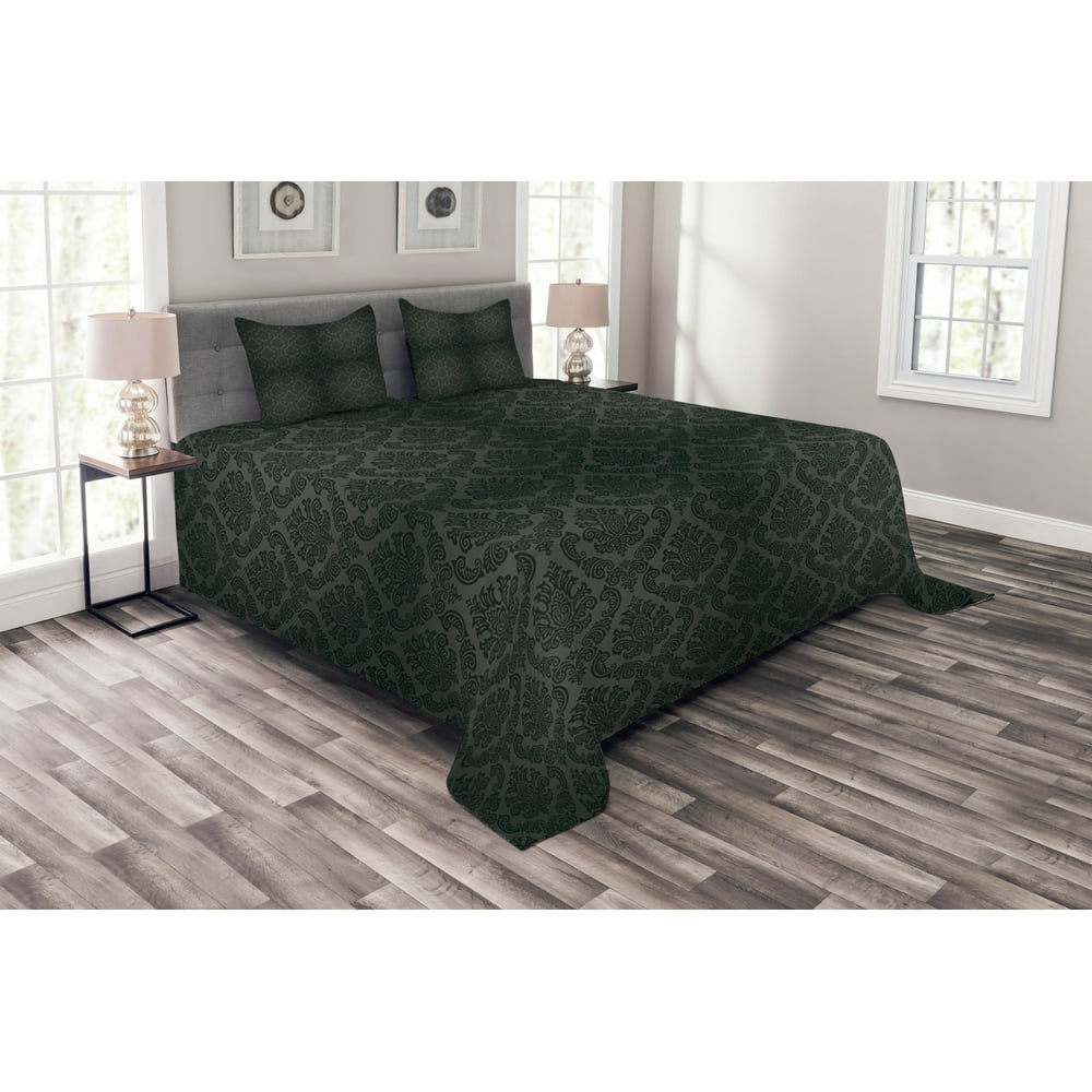 Dark Grey Bedspread Set, Ancient Damask Motifs Victorian ...