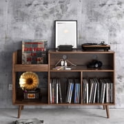 Oubayajia Record Player Stand, Vinyl Record Storage Cabinet with Charging Station & USB Ports, Mid-Century Turntable Stand Table Holds Up to 300 Albums Living Room Bedroom Office, Walnut