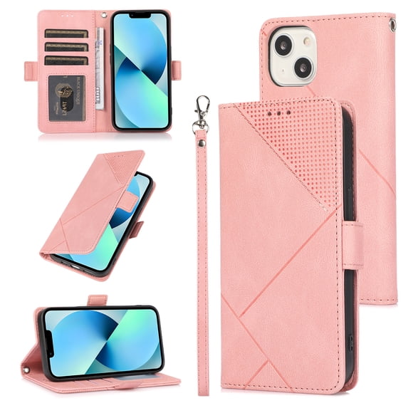 Skin-Friendly Wallet Case for iPhone 14, Premium PU Leather Shockproof Card Slots Cash Holder Flip Cover with Kickstand Folio Magnetic Clasp Wrist Hand Strap Handbag Case,Pink