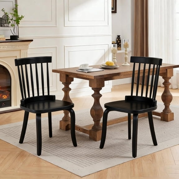 Dining Chairs Set of 2, Windsor Dining Chairs, Spindle Back Chairs Classic Farmhouse Design With High Spindle Back And Widen Seat, Engineered Wood Frame, Anti-Slip Rubber Feet, Black Finish