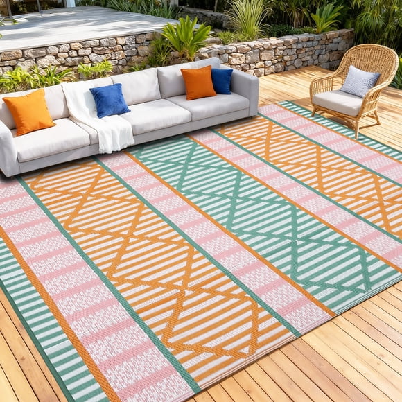 Nanan 8'x10' Geometric Outdoor Rug, All-Weather Waterproof Patio Mat, UV Resistant, Stain Resistant, Easy Clean Plastic Rug for Patio Garden RV Campsite,Orange Green Pink White