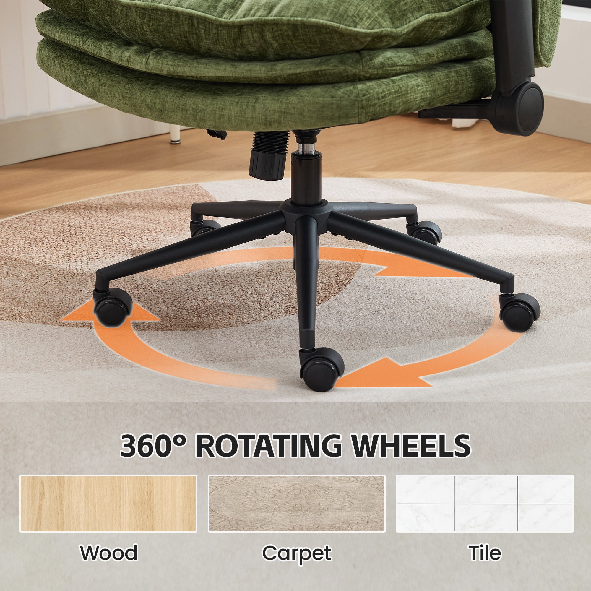 DOMICARE Criss Cross Chair with Flip-Up Arms, Wide Cross-Legged Office Chair with Wheels, Swivel Vanity Desk Chair, Green Chenille