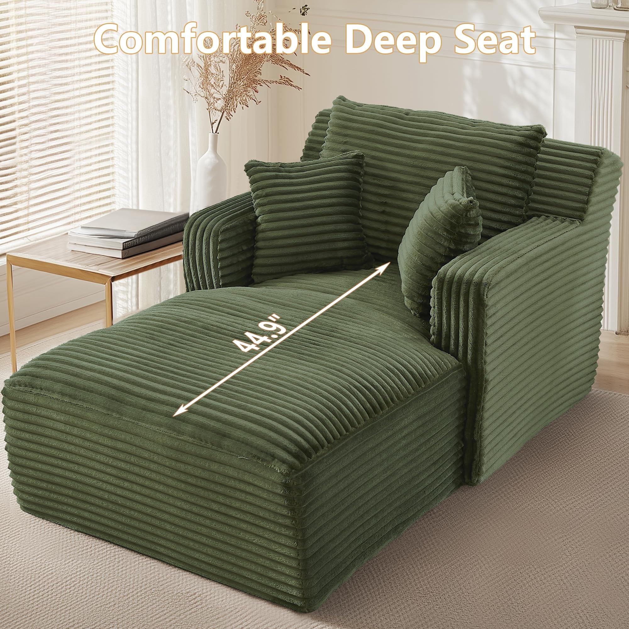 GNIXUU 65.4" Oversized Chaise Lounge Chair Indoor, Modern Corduroy Couch, Comfy Upholstered Boneless Sleeper Sofa with 3 Throw Pillows, Fluffy Reading Chairs Bed for Living Room,Green