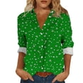 thumbnail image 1 of Camisas de cuello de la tripulación de manga corta para las mujeres impresas de la blusa de la apariencia del lino con el cuello girado hacia abajo botón mangas de manguito Top de verano casual, 1 of 6