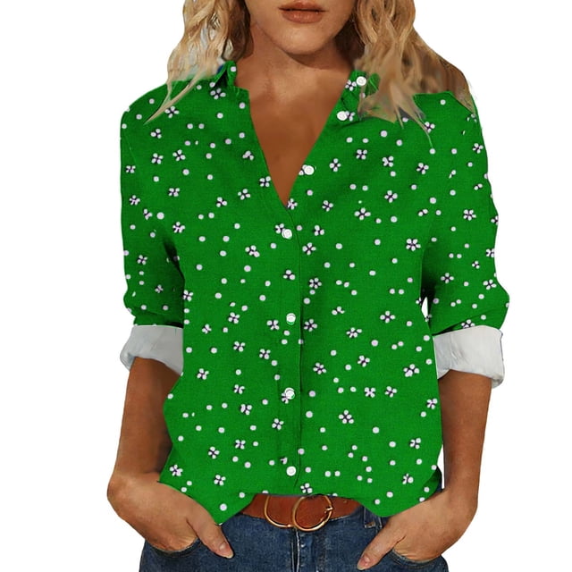 Camisas de cuello de la tripulación de manga corta para las mujeres impresas de la blusa de la apariencia del lino con el cuello girado hacia abajo botón mangas de manguito Top de verano casual