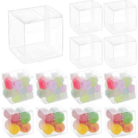 120pcs Clear Plastic Favor Box 1.57x1.57x1.57 Inches Gift Packing Box for Candy Choclate and Dessert Wedding Party Treats Valentine Festival Gift Packaging for DIY